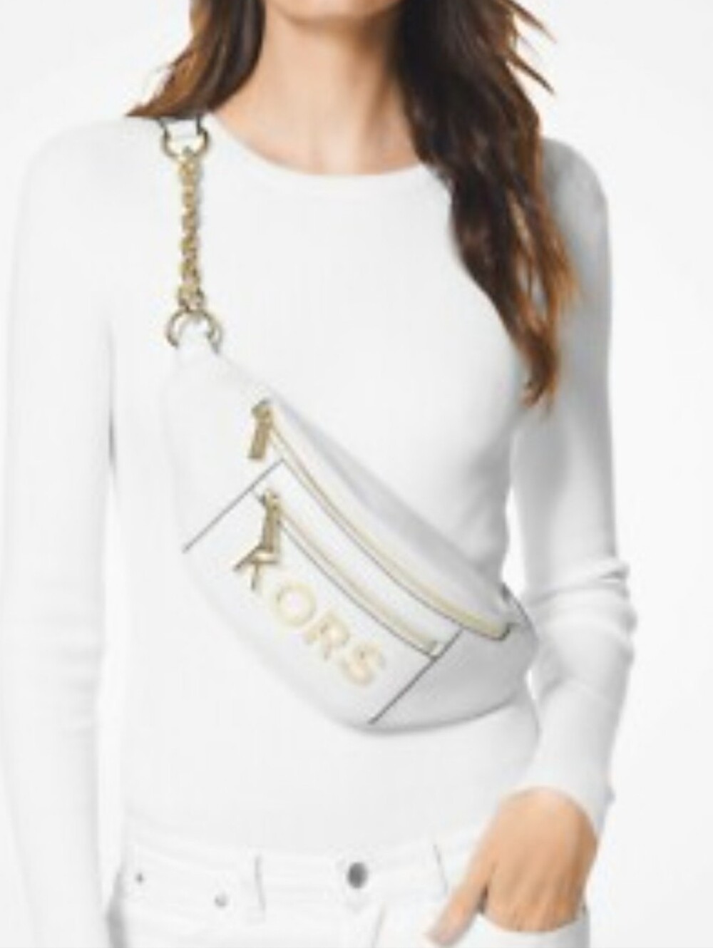 Michael Kors White Leather KORS Crossbody Belt Bag with Gold Hardware - Picture 14 of 15